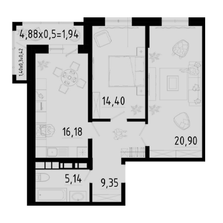 2 комнатная 68.83м²