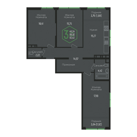 3 комнатная 93.42м²