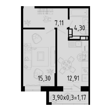 1 комнатная 40.79м²