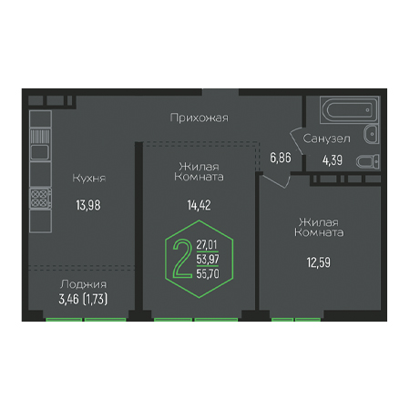 2 комнатная 55.7м²