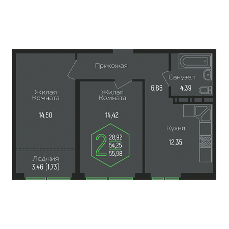 2 комнатная 55.98м²