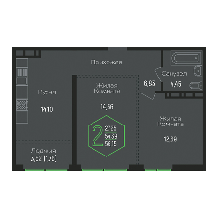 2 комнатная 56.15м²
