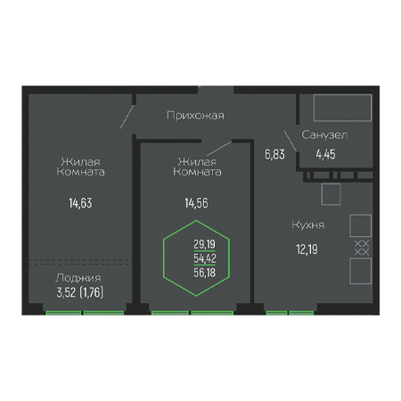 2 комнатная 56.18м²