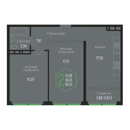 2 комнатная 65.97м²