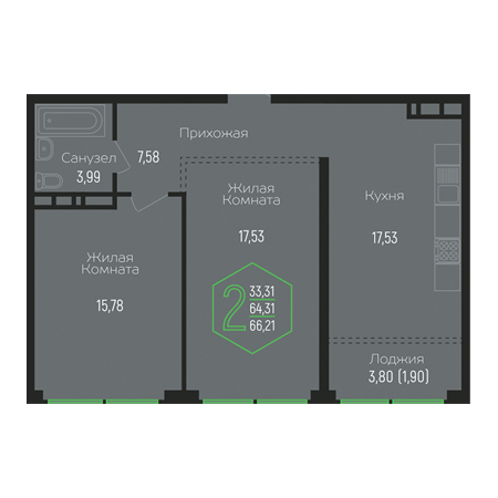 2 комнатная 66.21м²