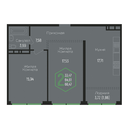 2 комнатная 66.47м²