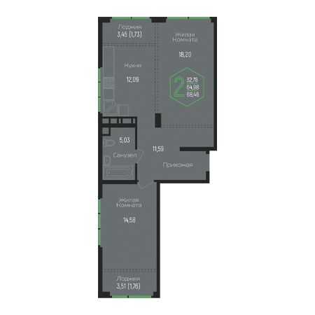 2 комнатная 68.48м²