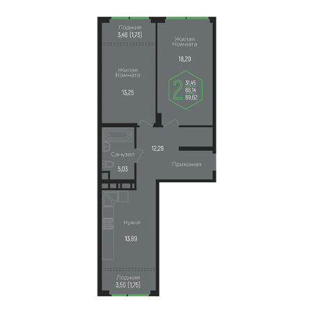 2 комнатная 69.62м²