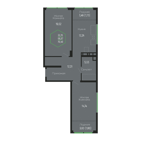 2 комнатная 70.4м²