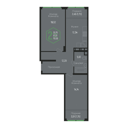 2 комнатная 70.5м²