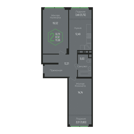 2 комнатная 70.65м²