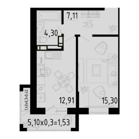 1 комнатная 41.57м²