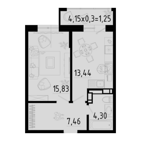 1 комнатная 42.28м²