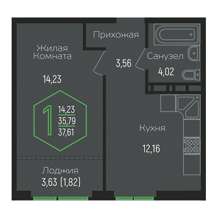 1 комнатная 37.61м²