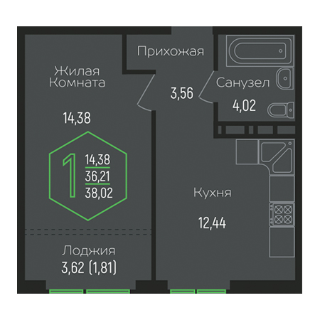 1 комнатная 38.02м²