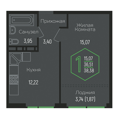 1 комнатная 38.38м²