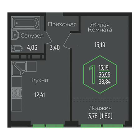 1 комнатная 38.84м²