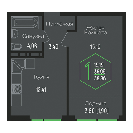 1 комнатная 38.86м²