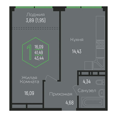 1 комнатная 43.44м²