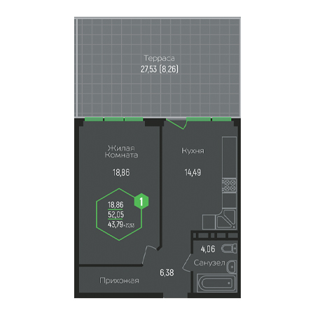 1 комнатная 43.79м²