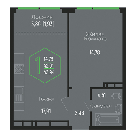 1 комнатная 43.94м²