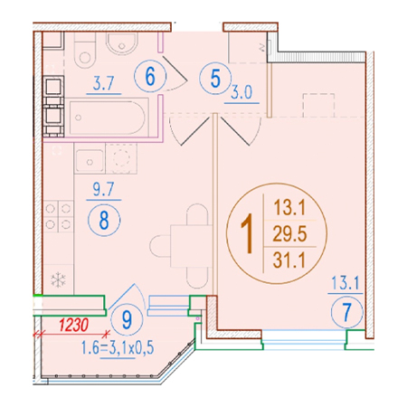 1 комнатная 31.1м²