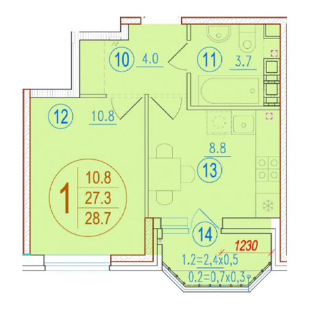 1 комнатная 28.7м²