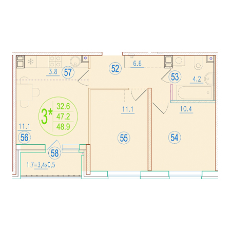 2 комнатная 48.9м²