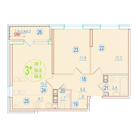 2 комнатная 58.8м²