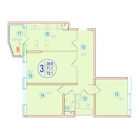 3 комнатная 73.1м²