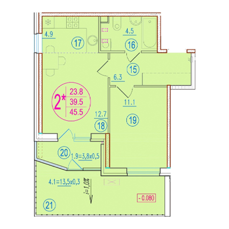 1 комнатная 45.5м²