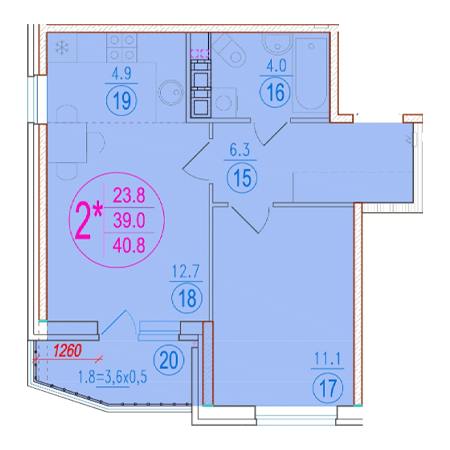 1 комнатная 40.8м²