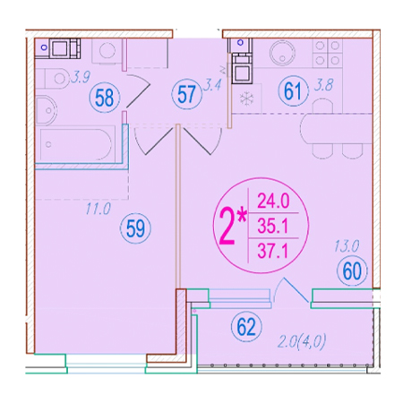 1 комнатная 37.1м²