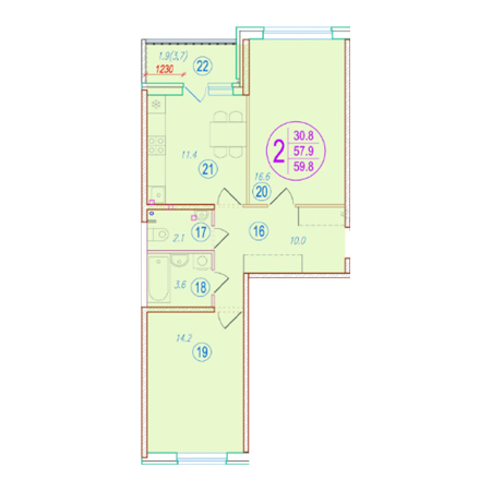 2 комнатная 59.8м²