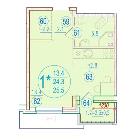 Студия 25.5м²