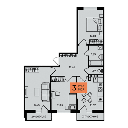 3 комнатная 79.29м²