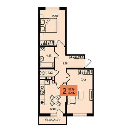 2 комнатная 60.82м²