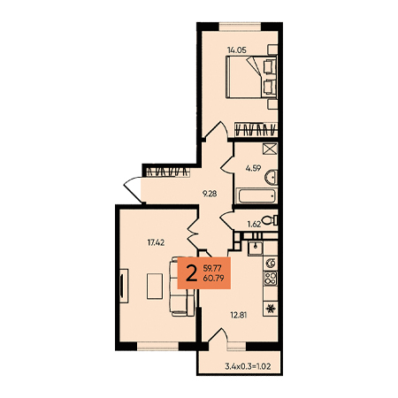 2 комнатная 60.79м²