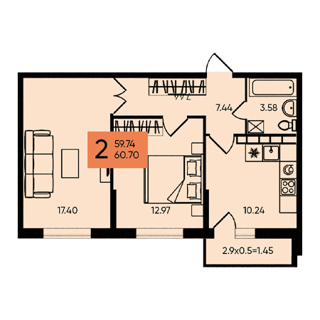 2 комнатная 60.7м²