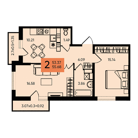 2 комнатная 55.68м²