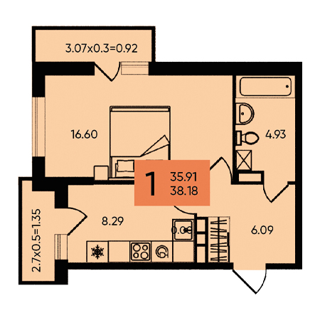 1 комнатная 38.18м²