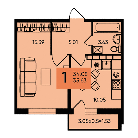 1 комнатная 35.63м²