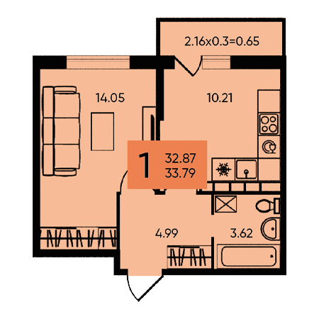 1 комнатная 33.79м²