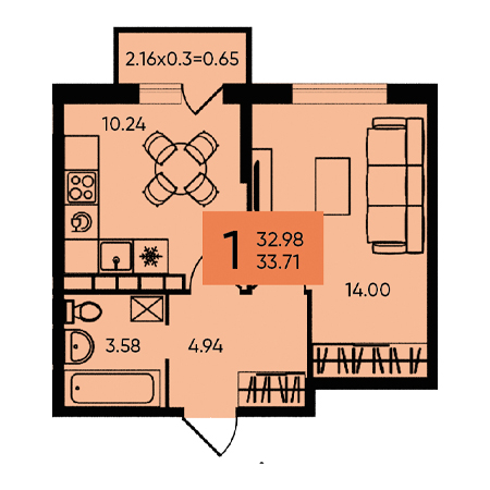 1 комнатная 33.71м²