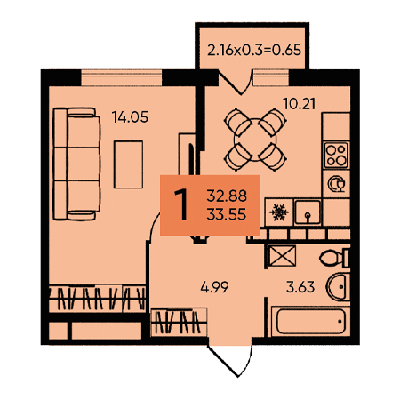 1 комнатная 33.55м²