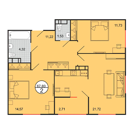 2 комнатная 67.8м²