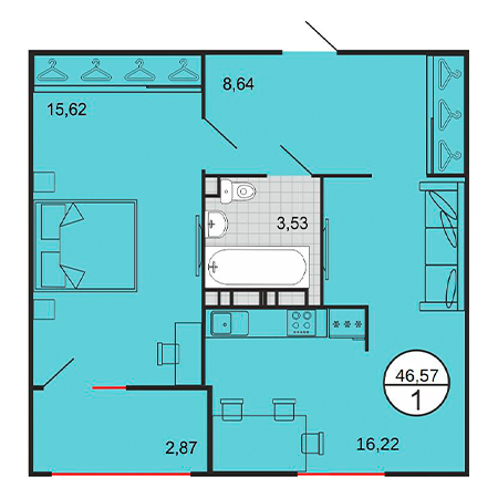 1 комнатная 46.57м²