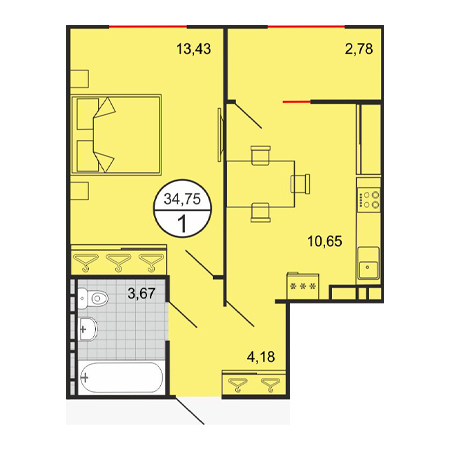 1 комнатная 34.75м²