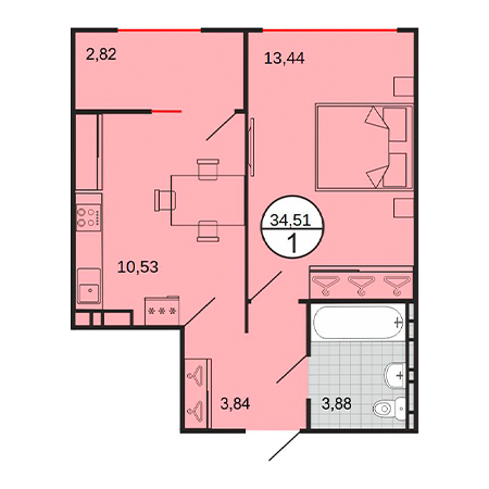 1 комнатная 34.51м²