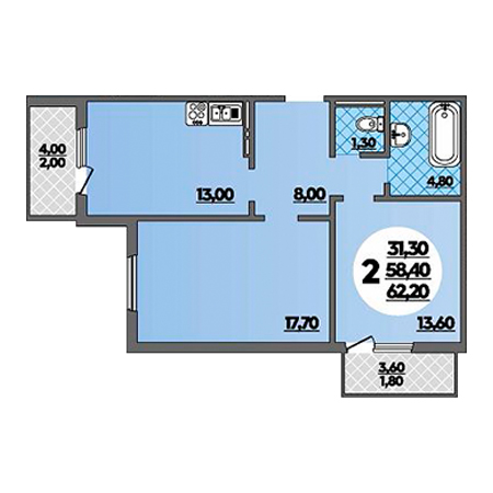 2 комнатная 62.2м²